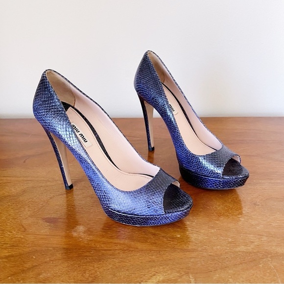 Miu Miu • blue python snakeskin pumps peep toe heels leather platform stiletto - Picture 11 of 11